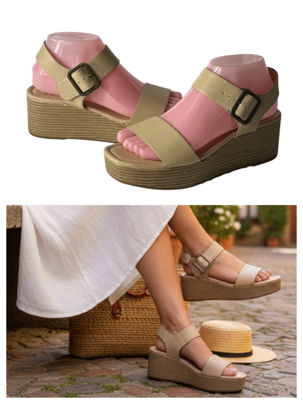 Frye And Co. Lylah Platform Wedge Sandals Womens Sz 7 Tan Ankle Double Strap